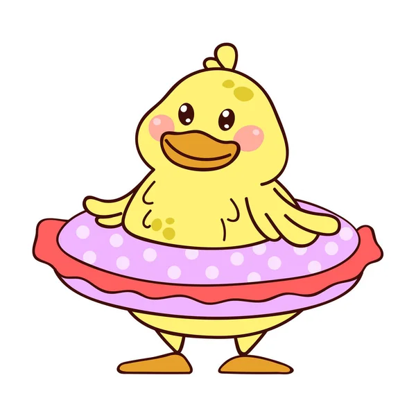 Cute little duck with rubber ring. Kawaii character in cartoon style. Design illustration isolated on white background.