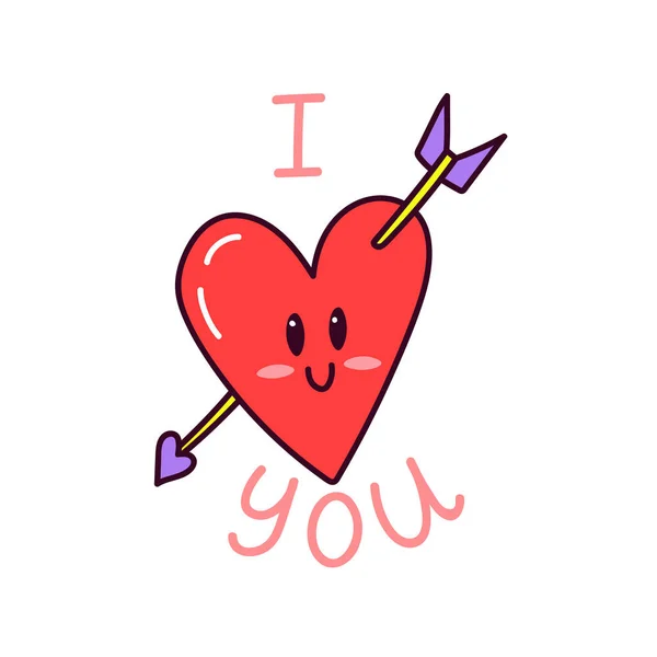 I love you sticker. Cute doodle heart shape. Sticker with white contour for planner, scrapbooking. Hand drawn colorful illustration.