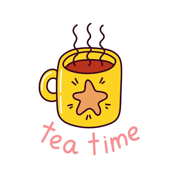 Becher Mit Aufkleber Mit Heißgetränk Vorhanden Teezeit Niedliches Doodle Mit — Stockfoto
