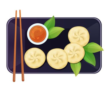Dim Sum geleneksel Çin böreği. Siyah tabakta Asya yemeği, en iyi manzara. Beyaz arkaplanda izole edilmiş renkli vektör illüstrasyonu.