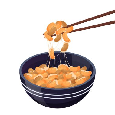 Natto. Mayalanmış soya fasulyesi, Japon sağlıklı geleneksel yiyeceği. Asya yemekleri. Beyaz arkaplanda izole edilmiş renkli vektör illüstrasyonu.