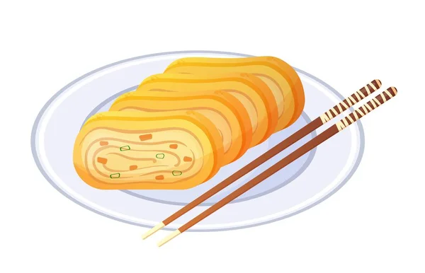 Japanische Eierrolle Auf Teller Asiatische Küche Cartoon Stil Bunte Vektorillustration — Stockvektor