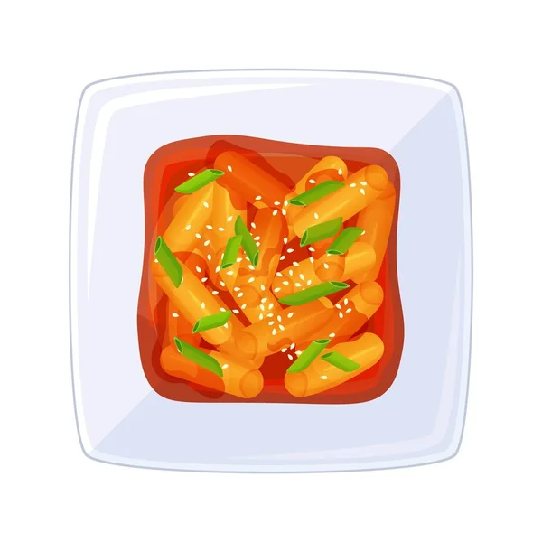 Delicious Tteokbokki Korean Spicy Rice Cake Top View Asian Food — Stock Vector