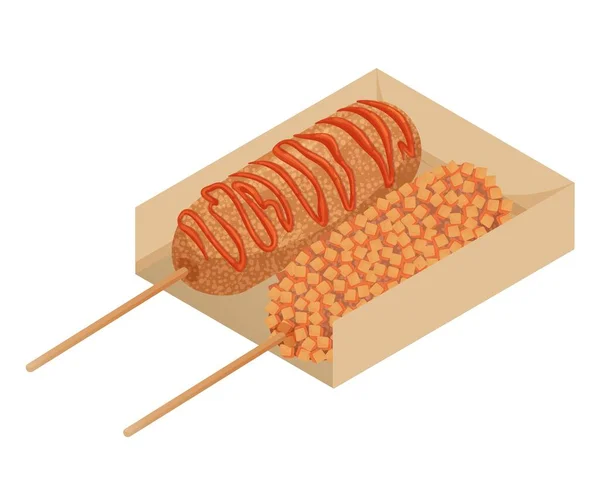 伝統的な韓国のストリートフード ケチャップで揚げたコーンドッグ ソーセージと漫画スタイルのホットドッグ パン粉で揚げた アジア料理 白を基調としたカラフルなベクトルイラスト — ストックベクタ