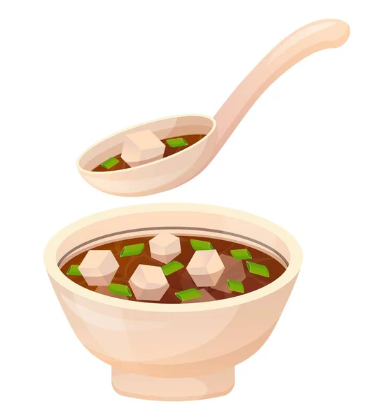 豆腐汤和豆腐 日本传统食品 亚洲菜用勺子盛在碗里 在白色背景上孤立的彩色矢量图 — 图库矢量图片