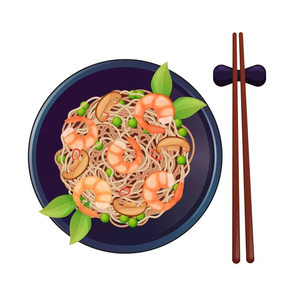 Ασιατικές Γαρίδες Τηγανίζουμε Ζυμαρικά Ιαπωνικά Νουντλς Γαρίδες Σκούρο Πιάτο Ασιατικό — Διανυσματικό Αρχείο