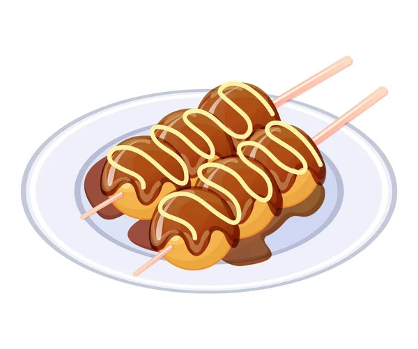 Takoyaki Piłkę Lub Kulki Ośmiornicy Japońskie Przekąski Patyku Azjatyckie Jedzenie — Wektor stockowy