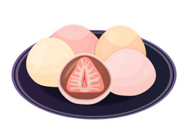 Çilekli daifuku. Japon tatlıları tabakta. Kırmızı fasulye ya da çikolatalı yuvarlak mochi. Beyaz arkaplanda izole edilmiş renkli vektör illüstrasyonu.