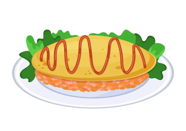 薄荷糖 日本煎蛋卷和配以番茄酱的米饭 把亚洲菜放在盘子里 在白色背景上孤立的彩色矢量图 — 图库矢量图片