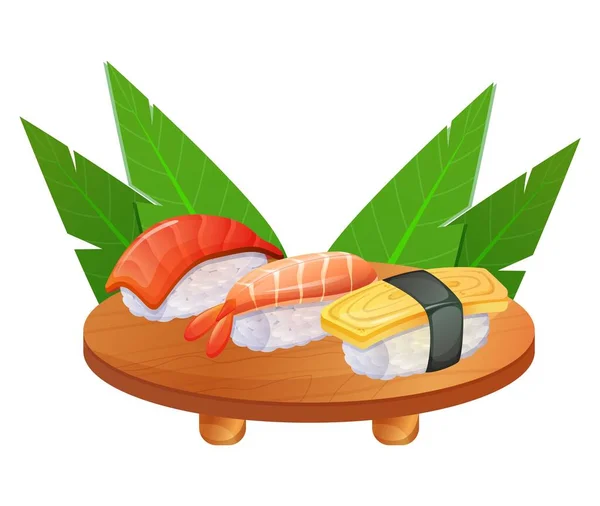Ensemble Sushi Fruits Mer Japonais Restaurant Asiatique Sur Table Illustration — Image vectorielle