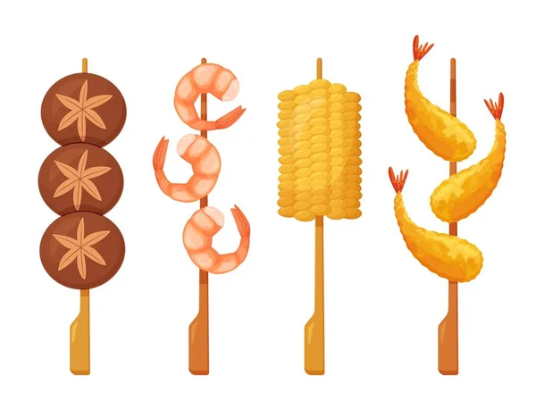 Γιακιτόρι Σκίερς Ιαπωνικό Φαγητό Καλαμπόκι Γαρίδες Tempura Πολύχρωμη Διανυσματική Απεικόνιση — Διανυσματικό Αρχείο