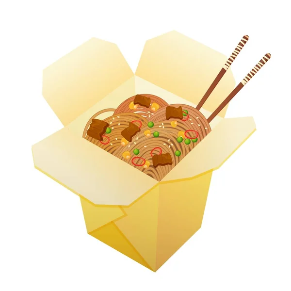 外卖纸盒装面条 配上蔬菜和炸肉 亚洲食物 在白色背景上孤立的彩色矢量图 — 图库矢量图片