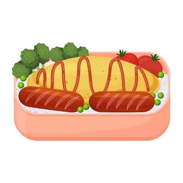 日本人在便当盒里吃午饭 有香肠和蔬菜的扁豆饭 亚洲食物 在白色背景上孤立的彩色矢量图 — 图库矢量图片