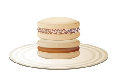 Alfajores kurabiyeleri ve beyaz bir tabakta konsantre süt. Geleneksel ev yapımı bisküviler. Latin Amerika yemekleri. Beyaz arkaplanda izole edilmiş renkli vektör illüstrasyonu.