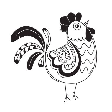 Cute rooster. Hand drawn bird in cartoon style. Line art doodle. Detailed ornamented illustration, with beautiful decorations for coloring book. Vector isolated on white background.