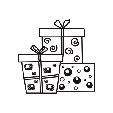 Hediye kutuları. Çizgi film tarzında tasarım ögesi. El çizimi sanat vektörü çizimi beyaz arkaplanda izole edildi.