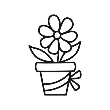 Flower in a pot with ribbon. Eco gift. Cartoon style. Design element. Hand drawn line art vector illustration isolated on white background.
