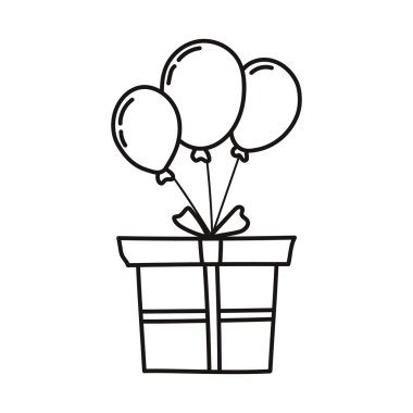 Gift box with balloons. Cartoon style. Design element. Hand drawn line art vector illustration isolated on white background.