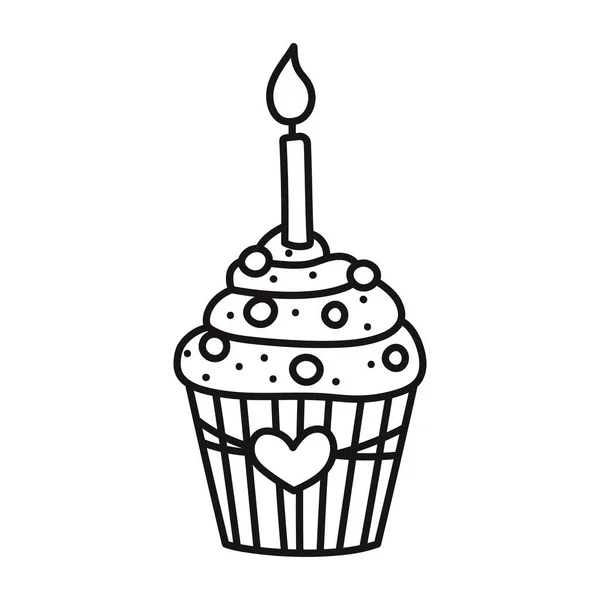 Cute Cupcake Icing Candle Cartoon Style Hand Drawn Line Art — Vector de stock