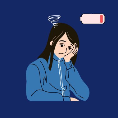 Sad tired woman with chaos in her head. Low energy and emotional burnout. Vector illustration in cartoon flat style.