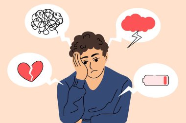 Depresyon belirtileriyle çevrili üzgün bir adam. Akıl sağlığından muzdarip genç bir adam. Çizgi film düz stiliyle vektör illüstrasyonu.