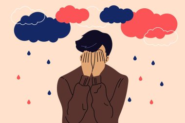 Sad, unhappy young man under dark clouds and rain. Psychology, depression, bad mood. Vector illustration in cartoon flat style. clipart