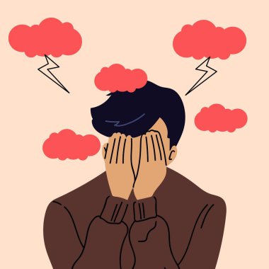 Üzgün, stresli genç adam yıldırımlarla bulutların altında. Psikoloji, depresyon, kötü ruh hali. Çizgi film düz stiliyle vektör illüstrasyonu.