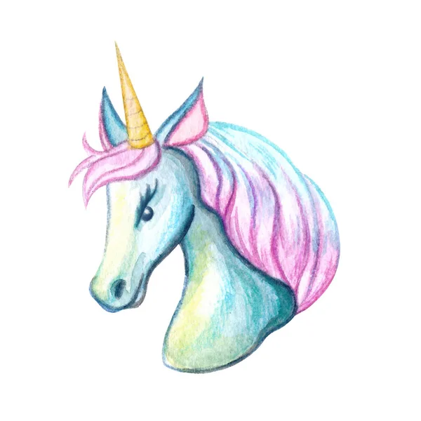 Hermosa Cabeza Unicornio Colores Azules Ilustración Acuarela Aislada Sobre Fondo —  Fotos de Stock