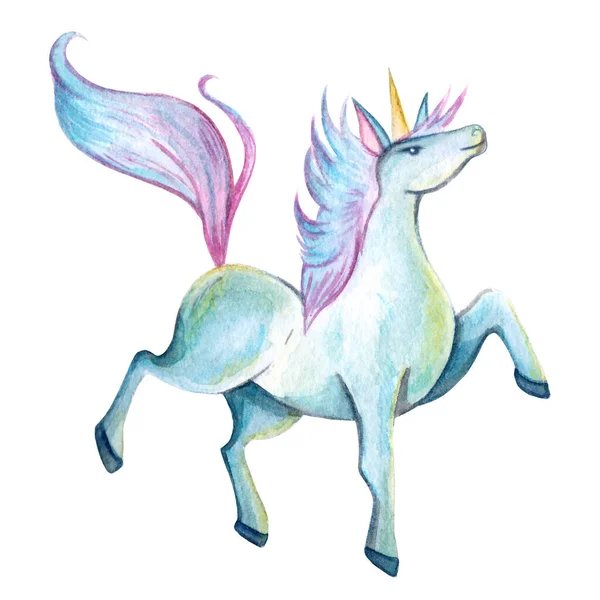 Hermoso Unicornio Colores Azules Ilustración Acuarela Aislada Sobre Fondo Blanco — Foto de Stock