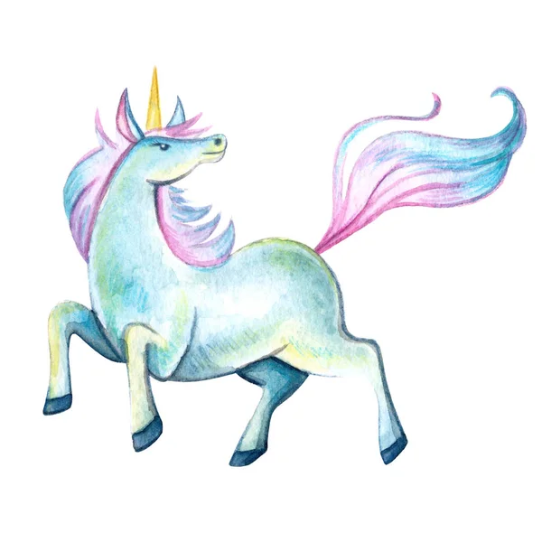 Hermoso Unicornio Colores Azules Ilustración Acuarela Aislada Sobre Fondo Blanco —  Fotos de Stock