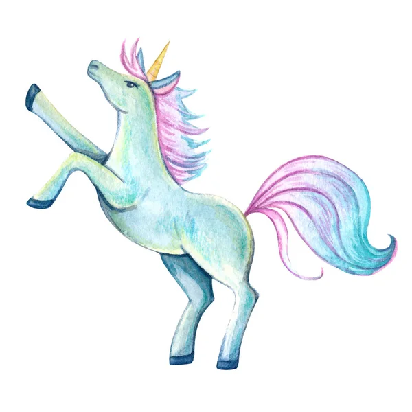 Hermoso Unicornio Colores Azules Ilustración Acuarela Aislada Sobre Fondo Blanco —  Fotos de Stock
