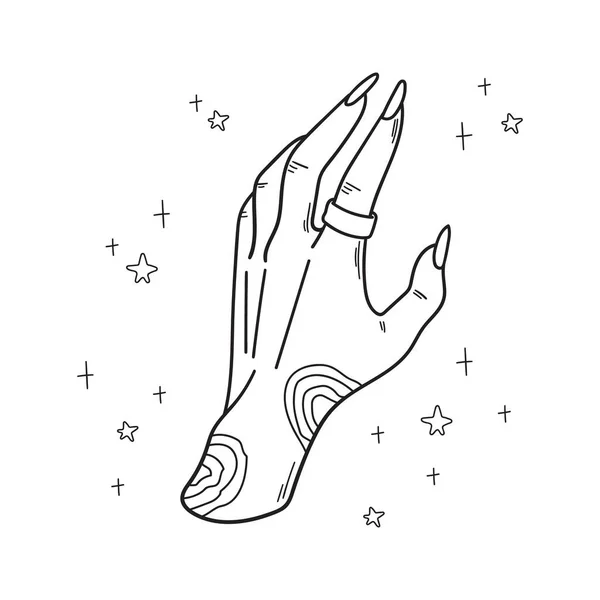 Yüzüklü Yıldızlı Mistik Cadı Eli Ruhsal Tasarım Için Elle Çizilmiş — Stok Vektör