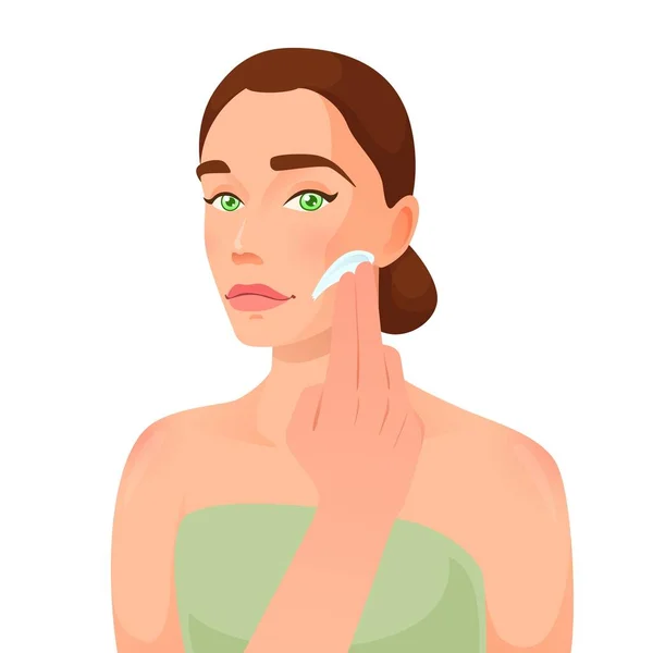 Beautiful Woman Applied Moisturizing Cream Skin Face Skin Care Cartoon — Stock Vector