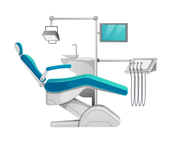 牙科椅子 病人用的扶手椅 医生用的椅子 特殊工具 白色背景下隔离的医疗专业实践家具和设备的病媒图解 — 图库矢量图片
