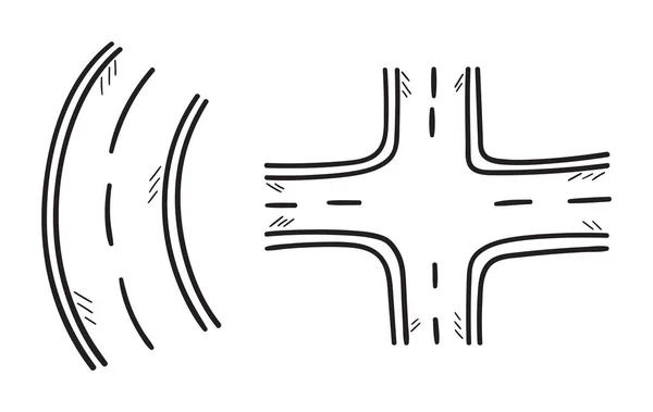 Ensemble Routes Croquis Doodle Lignes Vue Dessus Dessin Animé Style — Image vectorielle