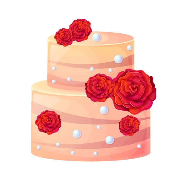 结婚蛋糕与花卉装饰 红玫瑰 婚礼或生日蛋糕的邀请函 在白色背景上孤立的向量图 — 图库矢量图片