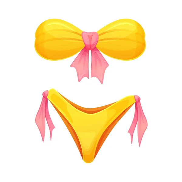 Womens Swimsuit Bikini Yellow Color Pink Tie Cartoon Style Summer — Stock Vector