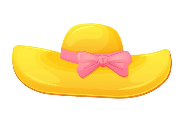 ピンクの弓で黄色の太陽の帽子 女性の夏のアクセサリー 白を基調としたベクトルイラスト — ストックベクタ