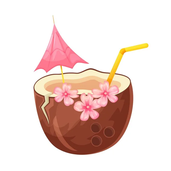 Cocktail Noix Coco Avec Des Fleurs Roses Paille Boisson Noix — Image vectorielle