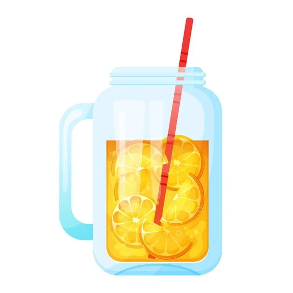 Summer Refreshing Lemonade Berries Glass Jar Cocktail Lemon Orange Vector — Stock Vector