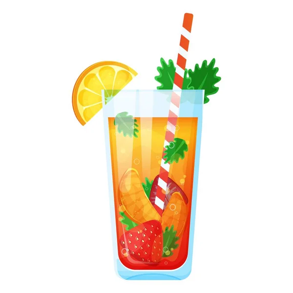 夏はガラス瓶の中の果実とレモネードをリフレッシュ イチゴ レモン オレンジとカクテル 白を基調としたベクトルイラスト — ストックベクタ