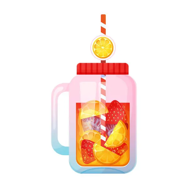 Summer Refreshing Lemonade Berries Glass Jar Cocktail Strawberries Lemon Orange — Stock Vector