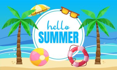 Merhaba Summer. Plaj, palmiye ağacı, güneş gözlüğü ve top ile renkli afiş şablonu. Vektör illüstrasyonu.