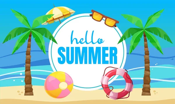 Hej Summer Färgglada Banner Mall Med Strand Palm Solglasögon Boll — Stock vektor