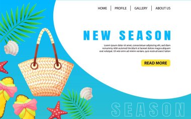 Plaj aksesuarları ve renkli yaratıcı yaz iniş sayfası tasarımı. Web sayfası tasarımı. Vektör şablonu. Web sitesi ve mobil web sitesi geliştirme için modern vektör illüstrasyon kavramı.