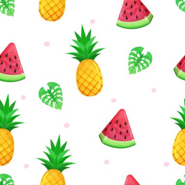 Karpuz dilimi, ananas ve yeşil yapraklı renksiz yaz deseni. Moda baskısı tasarımı, vektör illüstrasyonu.