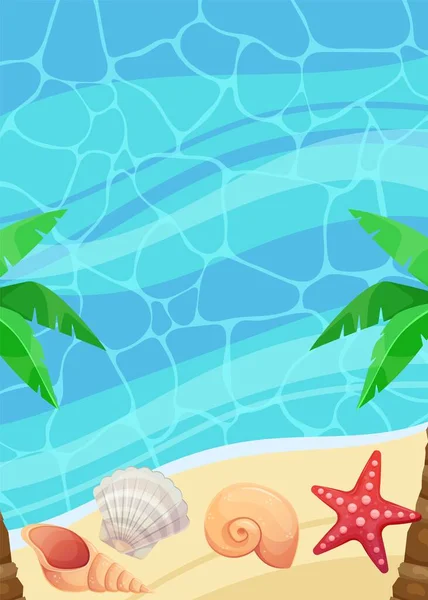 Sommerhintergrund Mit Meer Sand Palmen Muscheln Seesternen Vertikale Sommervorlage Cartoon — Stockvektor