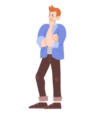 Üzgün adam düşünüyor. Çizgi film tarzında erkek karakter. Düz vektör çizimi beyaz üzerine izole edildi.