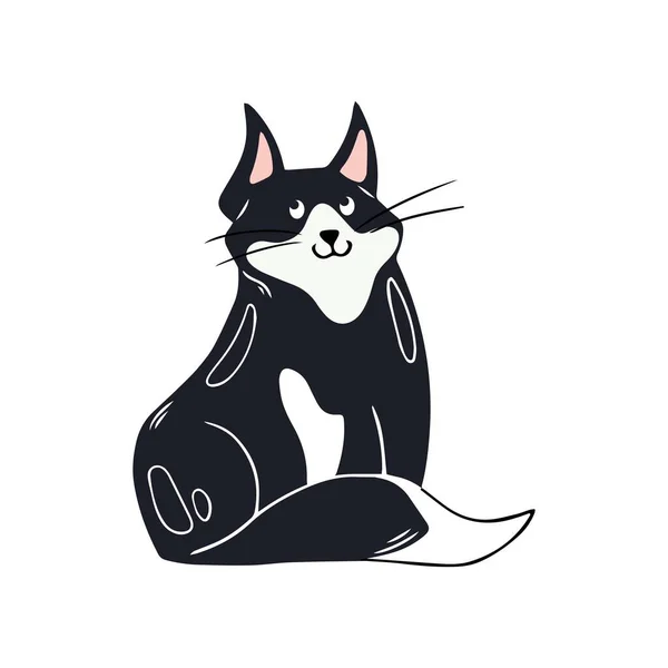Aranyos Fekete Macska Cica Kézzel Rajzolt Stílus Vektor Illusztráció Elszigetelt — Stock Vector
