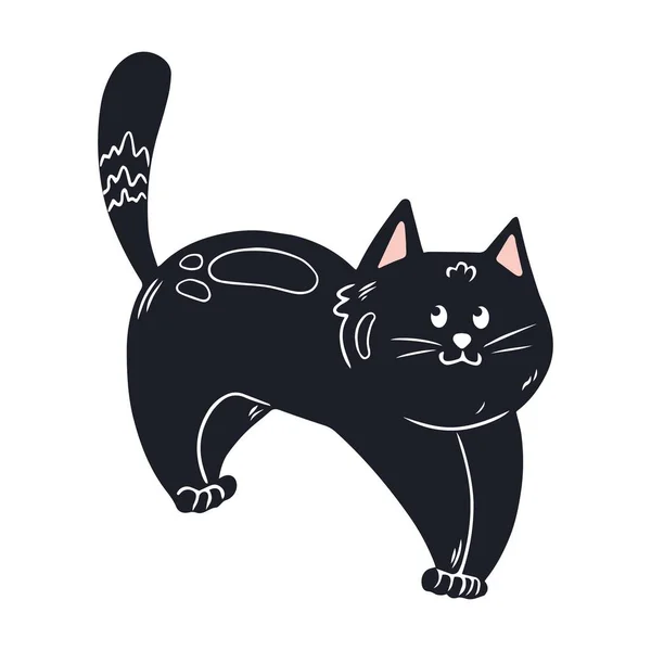 Aranyos Macska Fekete Cica Kézzel Rajzolt Stílus Vektor Illusztráció Elszigetelt — Stock Vector